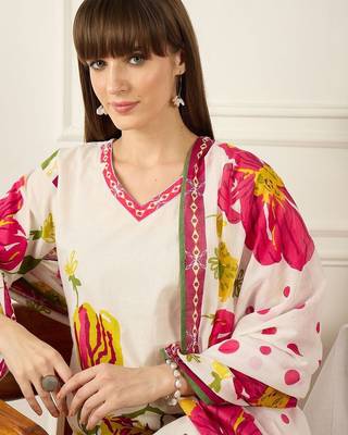 Floral Printed V-Neck Pure Cotton Straight Kurta With Trousers & Dupatta 2
