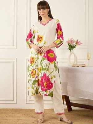 Floral Printed V-Neck Pure Cotton Straight Kurta With Trousers & Dupatta 3