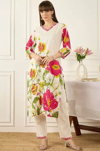 Floral Printed V-Neck Pure Cotton Straight Kurta With Trousers & Dupatta