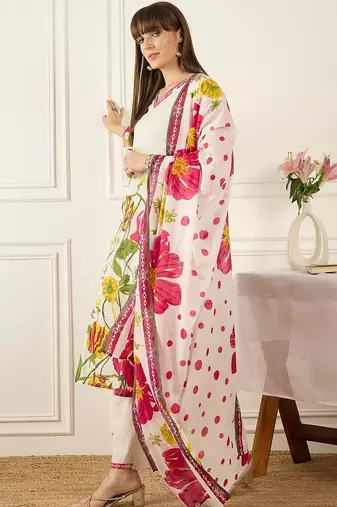 Floral Printed V-Neck Pure Cotton Straight Kurta With Trousers & Dupatta