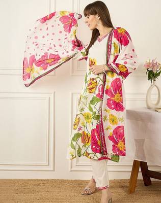 Floral Printed V-Neck Pure Cotton Straight Kurta With Trousers & Dupatta 5