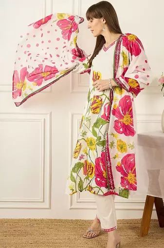 Floral Printed V-Neck Pure Cotton Straight Kurta With Trousers & Dupatta