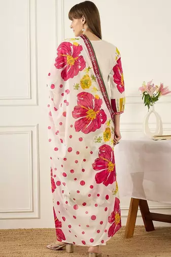 Floral Printed V-Neck Pure Cotton Straight Kurta With Trousers & Dupatta