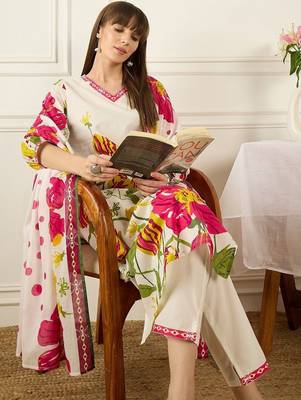 Floral Printed V-Neck Pure Cotton Straight Kurta With Trousers & Dupatta 7