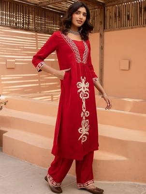 Women Ethnic Motifs Embroidered A-Line Kurta with Palazzos 4