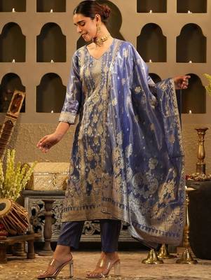 Ethnic Motifs Woven Design Zari Liva Kurta With Trousers & With Dupatta 1