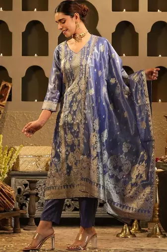 Ethnic Motifs Woven Design Zari Liva Kurta With Trousers & With Dupatta