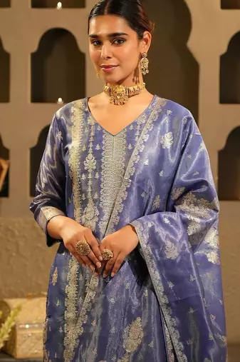 Ethnic Motifs Woven Design Zari Liva Kurta With Trousers & With Dupatta