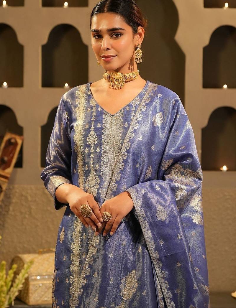 Ethnic Motifs Woven Design Zari Liva Kurta With Trousers & With Dupatta