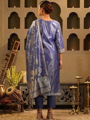 Ethnic Motifs Woven Design Zari Liva Kurta With Trousers & With Dupatta 3
