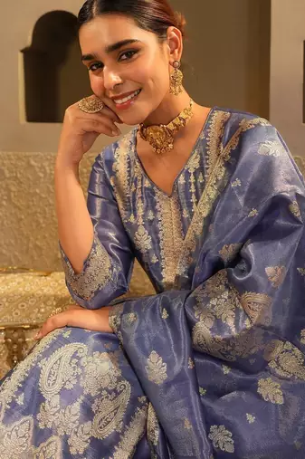 Ethnic Motifs Woven Design Zari Liva Kurta With Trousers & With Dupatta