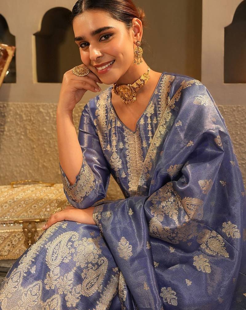 Ethnic Motifs Woven Design Zari Liva Kurta With Trousers & With Dupatta