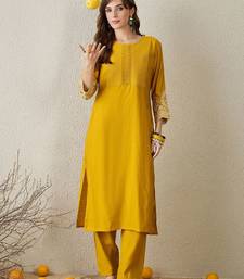 Women Mustard Ethnic Motifs Embroidered Regular Straight Kurta Sets