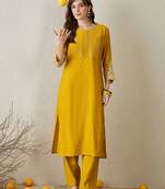 Women Mustard Ethnic Motifs Embroidered Regular Straight Kurta Sets