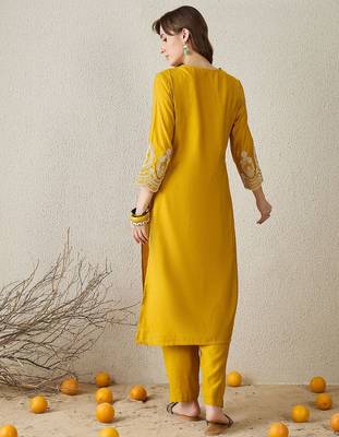 Women Mustard Ethnic Motifs Embroidered Regular Straight Kurta Sets 3