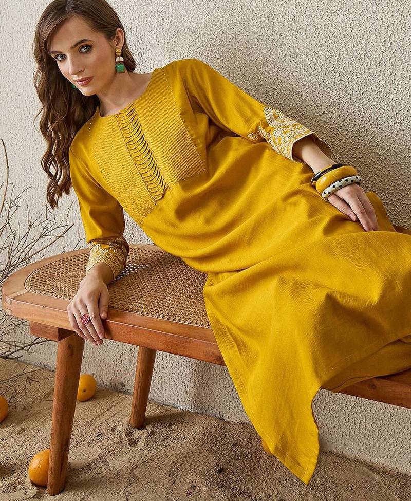Women Mustard Ethnic Motifs Embroidered Regular Straight Kurta Sets