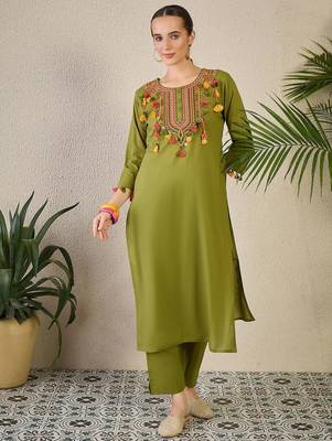 Adults-Women Woven Design Embroidered Cotton Kurta with Trousers 1