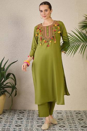 Adults-Women Woven Design Embroidered Cotton Kurta with Trousers