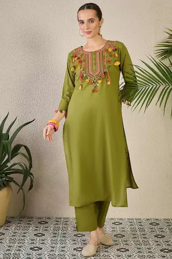 Adults-Women Woven Design Embroidered Cotton Kurta with Trousers