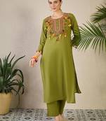 Adults-Women Woven Design Embroidered Cotton Kurta with Trousers