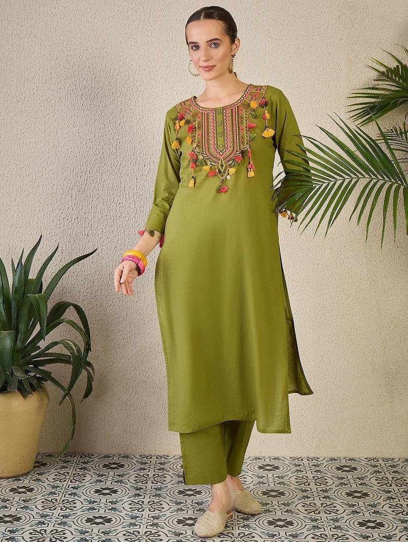 Adults-Women Woven Design Embroidered Cotton Kurta with Trousers