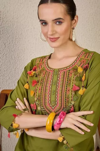 Adults-Women Woven Design Embroidered Cotton Kurta with Trousers