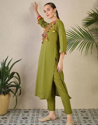 Adults-Women Woven Design Embroidered Cotton Kurta with Trousers 3