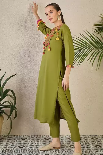 Adults-Women Woven Design Embroidered Cotton Kurta with Trousers