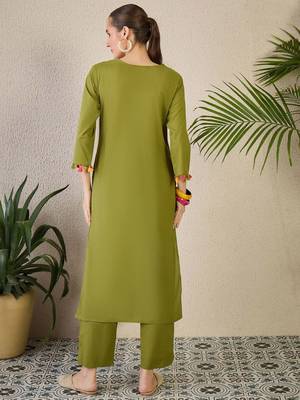 Adults-Women Woven Design Embroidered Cotton Kurta with Trousers 4