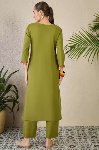 Adults-Women Woven Design Embroidered Cotton Kurta with Trousers