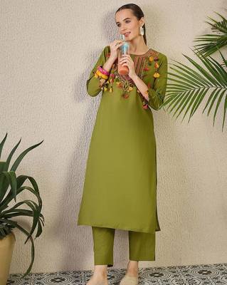Adults-Women Woven Design Embroidered Cotton Kurta with Trousers 5