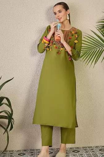 Adults-Women Woven Design Embroidered Cotton Kurta with Trousers