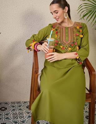 Adults-Women Woven Design Embroidered Cotton Kurta with Trousers 6