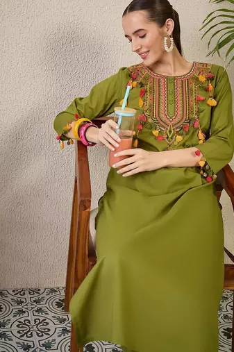 Adults-Women Woven Design Embroidered Cotton Kurta with Trousers