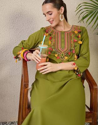 Adults-Women Woven Design Embroidered Cotton Kurta with Trousers 7