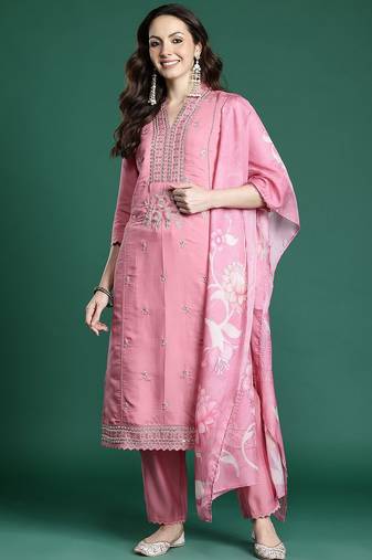 Floral Embroidered Kurta with Trousers & Dupatta