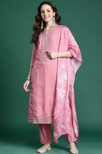 Floral Embroidered Kurta with Trousers & Dupatta