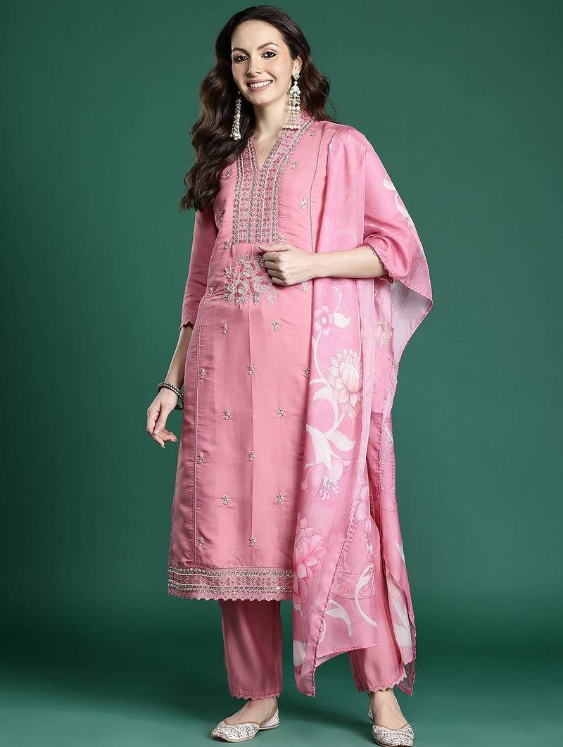 Floral Embroidered Kurta with Trousers & Dupatta