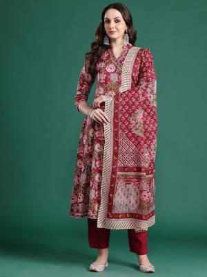 Floral Printed Angrakha Mirror Work Pure Cotton Kurta With Trousers & Dupatta 1