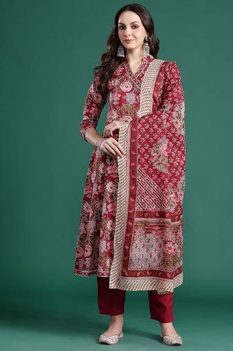 Floral Printed Angrakha Mirror Work Pure Cotton Kurta With Trousers & Dupatta
