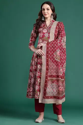 Floral Printed Angrakha Mirror Work Pure Cotton Kurta With Trousers & Dupatta