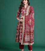Floral Printed Angrakha Mirror Work Pure Cotton Kurta With Trousers & Dupatta