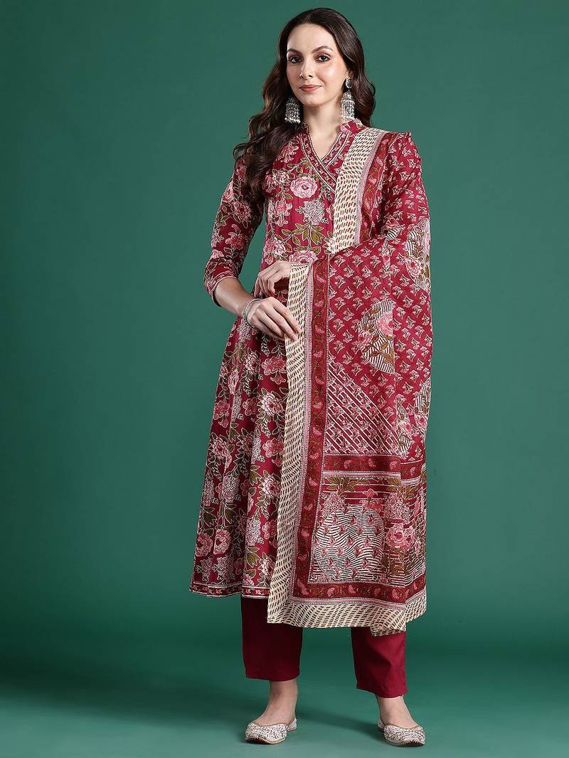 Floral Printed Angrakha Mirror Work Pure Cotton Kurta With Trousers & Dupatta