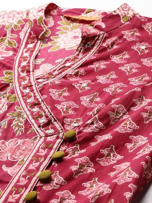Floral Printed Angrakha Mirror Work Pure Cotton Kurta With Trousers & Dupatta 2