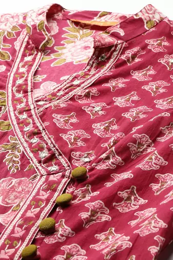 Floral Printed Angrakha Mirror Work Pure Cotton Kurta With Trousers & Dupatta