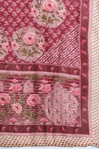 Floral Printed Angrakha Mirror Work Pure Cotton Kurta With Trousers & Dupatta