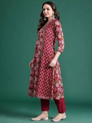 Floral Printed Angrakha Mirror Work Pure Cotton Kurta With Trousers & Dupatta 5