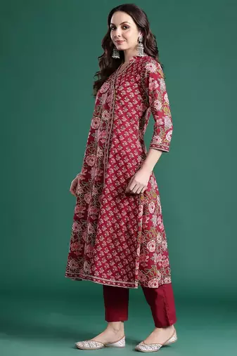 Floral Printed Angrakha Mirror Work Pure Cotton Kurta With Trousers & Dupatta