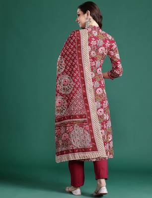Floral Printed Angrakha Mirror Work Pure Cotton Kurta With Trousers & Dupatta 6
