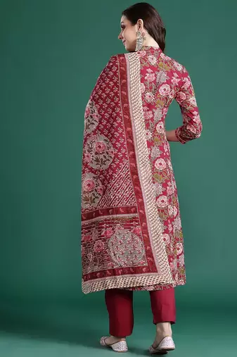 Floral Printed Angrakha Mirror Work Pure Cotton Kurta With Trousers & Dupatta